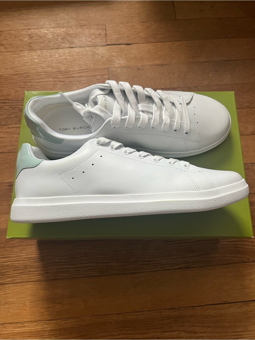 Tory Burch Howell Court White Leather Sneakers with Mint Heel Tab Size: 8.5